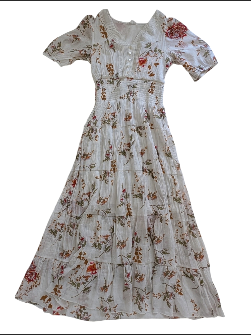 Kings Road Boho Cottagecore Smocked Floral White Maxi Ruffle  Tiered Dress, sz M
